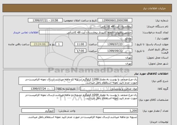 استعلام ران مرغ منجمد با پوست به مقدار 1200 کیلوگرم تسویه دو ماهه میباشد.ارسال نمونه الزامیست-در صورت عدم تایید نمونه استعلام باطل میباشد.