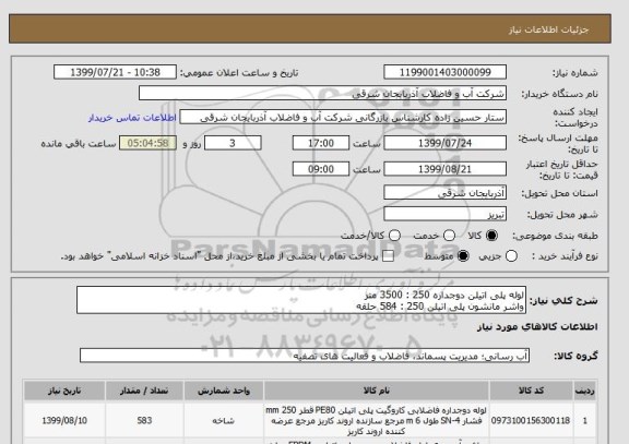 استعلام لوله پلی اتیلن دوجداره 250 : 3500 متر
واشر مانشون پلی اتیلن 250 : 584 حلقه