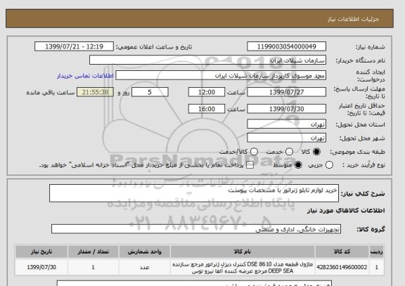 استعلام خرید لوازم تابلو ژنراتور با مشخصات پیوست