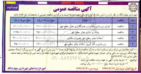 مناقصه اجرای زیرسازی مکانیزه و جدولگذاری معابر سطح شهر