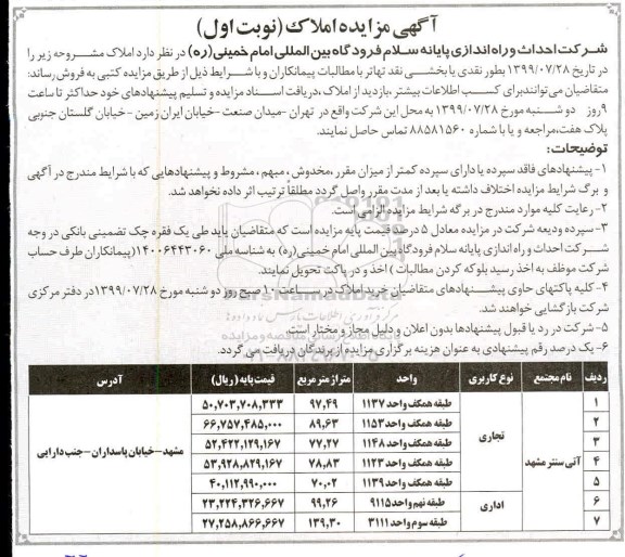 آگهی مزایده مزایده فروش املاک کاربری تجاری و اداری نوبت اول 