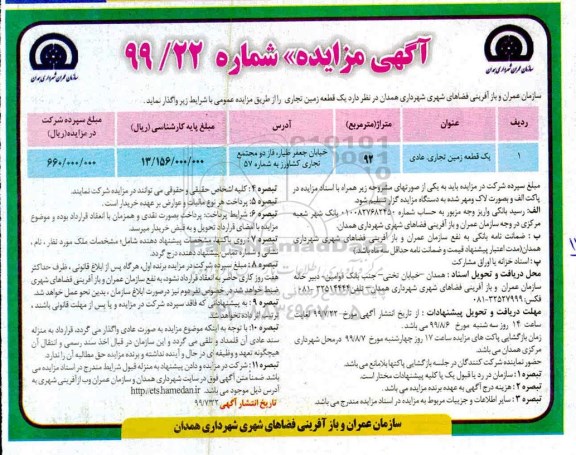 آگهی مزایده , مزایده واگذاری یک قطعه زمین تجاری 