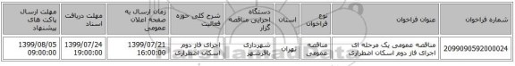 مناقصه عمومی یک مرحله ای اجرای فاز دوم اسکان اضطراری 