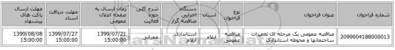 مناقصه عمومی یک مرحله ای تعمیرات ساختمانها و محوطه استانداری