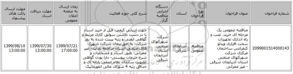 مناقصه عمومی یک مرحله ای خرید، نصب و راه اندازی تجهیزات سخت افزاری ویدئو کنفرانس ساختمان مرکزی شرکت شهرکهای صنعتی استان آذربایجان شرقی - غیر عمرانی