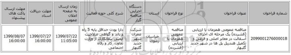 مناقصه عمومی همزمان با ارزیابی (فشرده) یک مرحله ای اجرای آسفالت در معابر اصلی و فرعی و تکمیل هندریل پل ها در شهر جدبد گلبهار