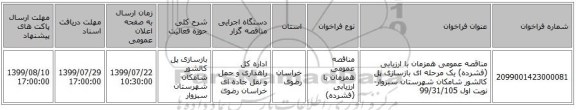 مناقصه عمومی همزمان با ارزیابی (فشرده) یک مرحله ای بازسازی پل کالشور شامکان شهرستان سبزوار-نوبت اول 99/31/105