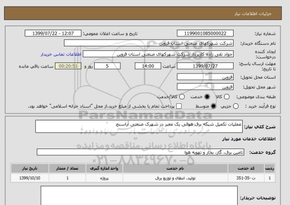 استعلام عملیات تکمیل شبکه برق هوائی یک معبر در شهرک صنعتی آراسنج