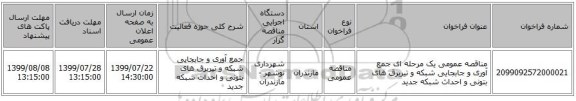 مناقصه عمومی یک مرحله ای جمع آوری و جابجایی شبکه و تیربرق های بتونی و احداث شبکه جدید