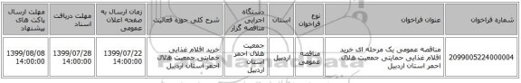 مناقصه عمومی یک مرحله ای خرید اقلام غذایی حمایتی جمعیت هلال احمر استان اردبیل 