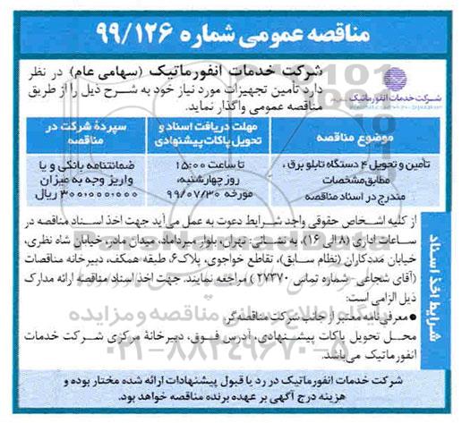 مناقصه عمومی , مناقصه تامین و تحویل 4 دستگاه تابلو برق 