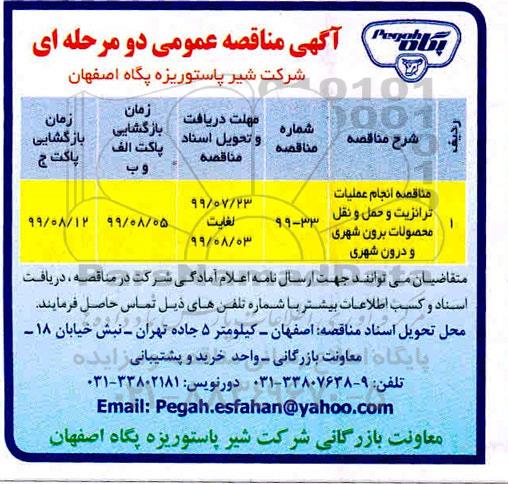 مناقصه انجام عملیات  ترانزیت و حمل و نقل  محصولات برون شهری 