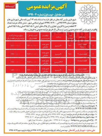 مزایده مزایده فروش 13 قطعه زمین با کاربری تجاری