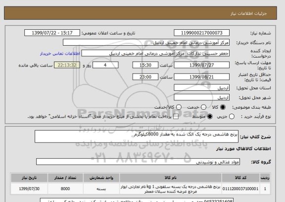 استعلام برنج هاشمی درجه یک الک شده به مقدار 8000کیلوگرم