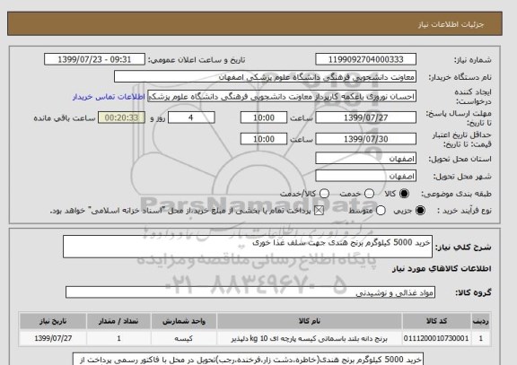 استعلام خرید 5000 کیلوگرم برنج هندی جهت سلف غذا خوری 