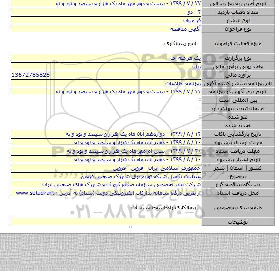 عملیات تکمیل شبکه توزیع برق شهرک صنعتی قزوین