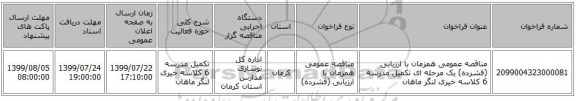 مناقصه عمومی همزمان با ارزیابی (فشرده) یک مرحله ای تکمیل مدرسه 6 کلاسه خیری لنگر ماهان