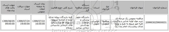 مناقصه عمومی یک مرحله ای خرید مواد اولیه غذایی و واگذاری کلیه امور مربوط به طبخ و توزیع غذای بیمارستان امام رضا (ع) 