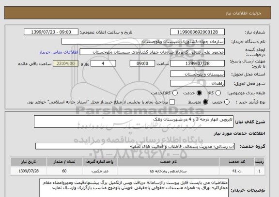 استعلام لایروبی انهار درجه 3 و 4 در شهرستان زهک