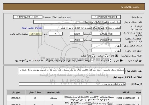 استعلام دستگاه کمک تنفسی ، مدل شرکت خاصی مدل مد نظر نیست ویژگی مد نظر در مدارک پیوستی ذکر شده .
