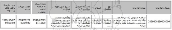 مناقصه عمومی یک مرحله ای واگذاری خدمات خودرویی معاونت بهداشتی دانشکده علوم پزشکی مراغه