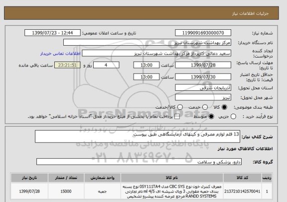 استعلام 13 قلم لوازم مصرفی و کیتهای آزمایشگاهی طبق پیوست