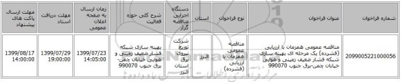 مناقصه عمومی همزمان با ارزیابی (فشرده) یک مرحله ای بهینه سازی شبکه فشار ضعیف زمینی و هوایی خیابان چمن-برق جنوب 990070