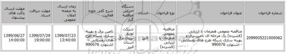 مناقصه عمومی همزمان با ارزیابی (فشرده) یک مرحله ای تامین برق و بهینه سازی شبکه طرح های روستایی - اشتهارد 990076