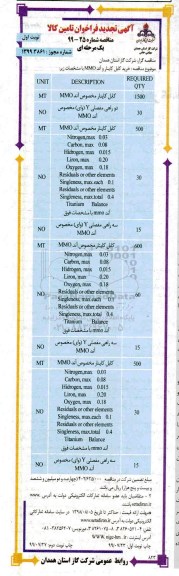 مناقصه, مناقصه خرید کابل کاینار و آند MMO تجدید 