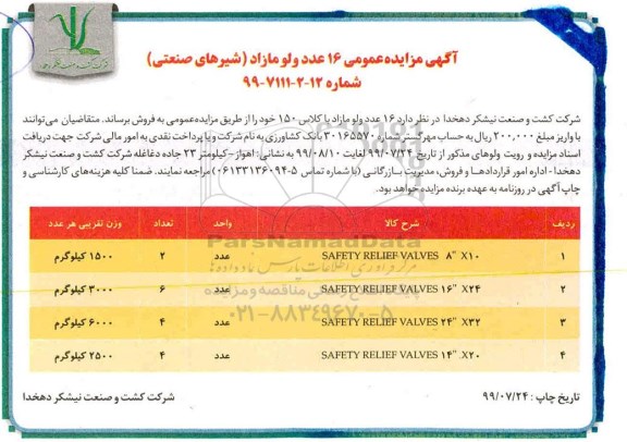 مزایده، مزایده فروش 16 عدد ولو مازاد
