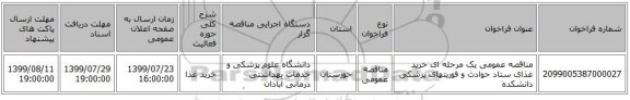 مناقصه عمومی یک مرحله ای خرید غذای ستاد حوادث و فوریتهای پزشکی دانشکده  