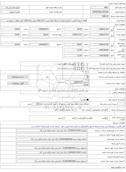 قطعه شماره 13زمین با کاربری تجاری را از پلاک های ثبتی 1/ 105/115 اصلی و 105/115 اصلی واقع در شهرپارس