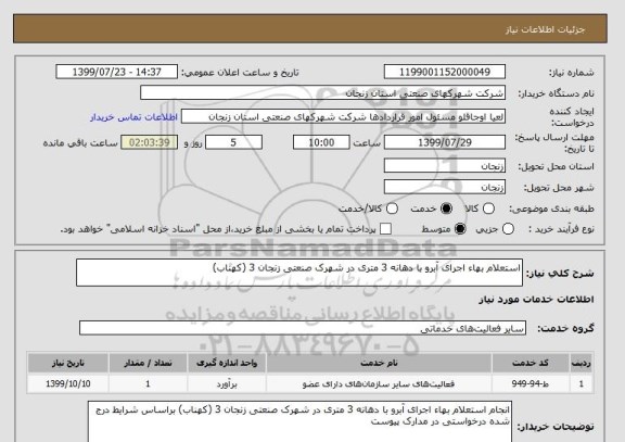 استعلام استعلام بهاء اجرای آبرو با دهانه 3 متری در شهرک صنعتی زنجان 3 (کهناب)