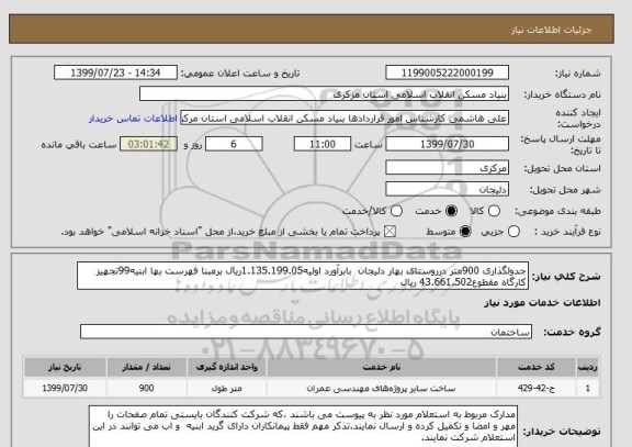 استعلام جدولگذاری 900متر درروستای بهار دلیجان  بابرآورد اولیه1.135.199.05ریال برمبنا فهرست بها ابنیه99تجهیز کارگاه مقطوع43.661.502 ریال