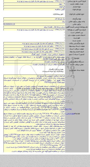 برونسپاری ارائه خدمات امداد، نگهداری و ... شبکه های توزیع آب، چاهها و مخازن شهرستان کبودراهنگ ۹۹/۱۹۹