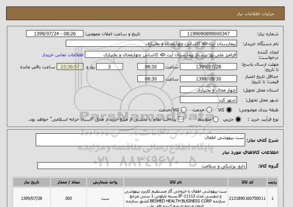استعلام ست بیهوشی اطفال 
