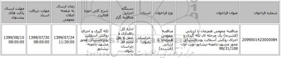 مناقصه عمومی همزمان با ارزیابی (فشرده) یک مرحله ای لکه گیری  و اجرای روکش آسفالت پودرلاستیکی محور مشهد-باغچه-نیشابور-نوبت اول-99/31/108