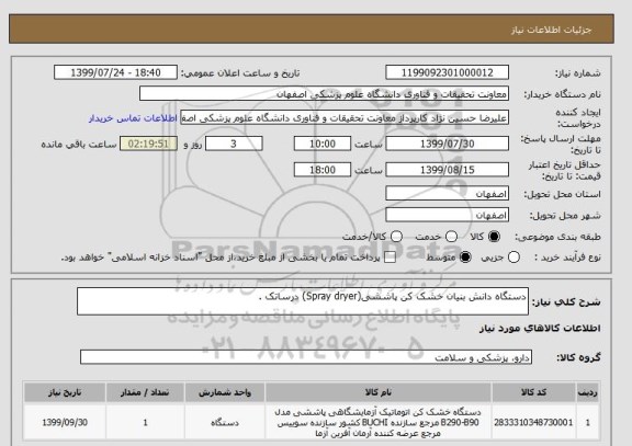 استعلام دستگاه دانش بنیان خشک کن پاششی(Spray dryer) درساتک .