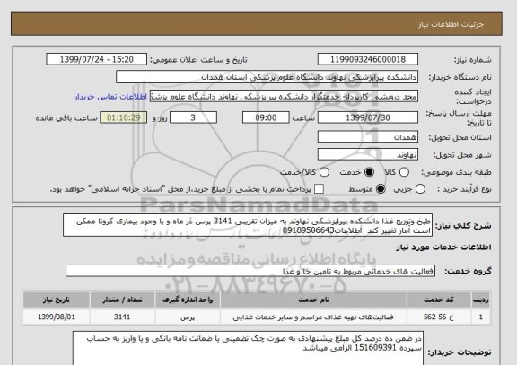 استعلام طبخ وتوزیع غذا دانشکده پیراپزشکی نهاوند به میزان تقریبی 3141 پرس در ماه و با وجود بیماری کرونا ممکن است آمار تغییر کند  اطلاعات09189506643 