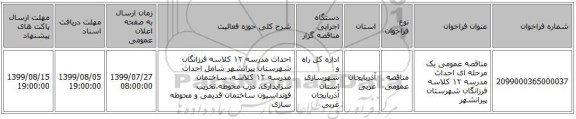 مناقصه عمومی یک مرحله ای احداث مدرسه ۱۲ کلاسه فرزانگان شهرستان پیرانشهر