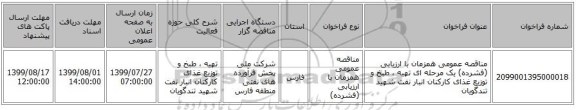 مناقصه عمومی همزمان با ارزیابی (فشرده) یک مرحله ای تهیه ، طبخ و توزیع غذای کارکنان انبار نفت شهید تندگویان