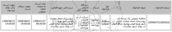 مناقصه عمومی یک مرحله ای برونسپاری انجام عملیات قرائت کنتور،توزیع قبوض،ووصول مبالغ قبوض آب بهای شهر دوگنبدان