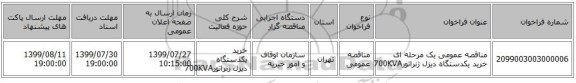 مناقصه عمومی یک مرحله ای خرید یکدستگاه دیزل ژنراتور700KVA
