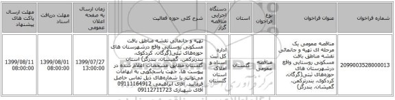 مناقصه عمومی یک مرحله ای تهیه و جانمائی نقشه مناطق بافت مسکونی روستایی واقع درشهرستان های حوزه‌های ثبتی(گرگان، کردکوی، بندرترکمن، گمیشان، بندرگز)  