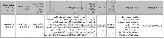مناقصه عمومی یک مرحله ای تهیه و جانمائی نقشه مناطق بافت مسکونی روستایی واقع در شهرستان های حوزه‌های ثبتی (آق قلا، گنبد، کلاله، مراوه‌تپه) 