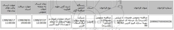 مناقصه عمومی همزمان با ارزیابی (فشرده) یک مرحله ای اصلاح و بهینه سازی قیرو کارزین 62-91-99