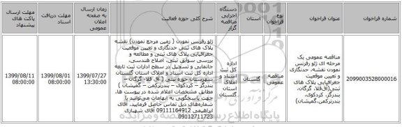 مناقصه عمومی یک مرحله ای ژئو رفرنس نمودن نقشه، حدنگاری و تعیین موقعیت جغرافیایی پلاک های ثبتی(آق‌قلا، گرگان، بندرگز، کردکوی، بندرترکمن،گمیشان)