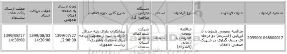 مناقصه عمومی همزمان با ارزیابی (فشرده) دو مرحله ای جدول گذاری در شهرک صنعتی دامغان  