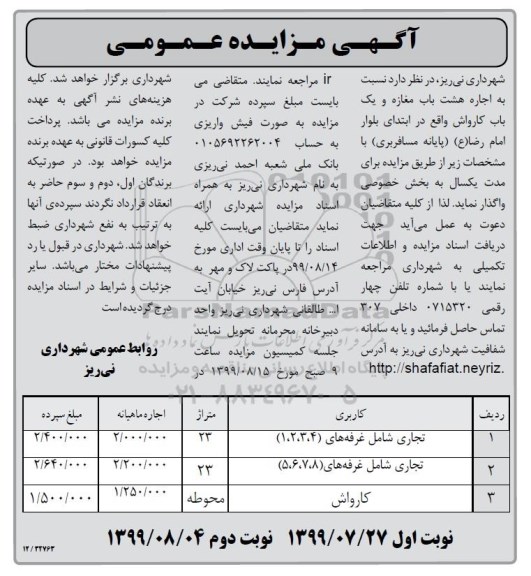 مزایده، مزایده واگذاری هشت باب مغازه و یک باب کارواش 