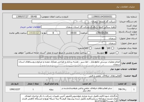 استعلام انجام عملیات بررسی جامع بازار ، خط سیر ، نقشه برداری و طراحی مصارف عمده و صنایع و روستاهای استان سمنان